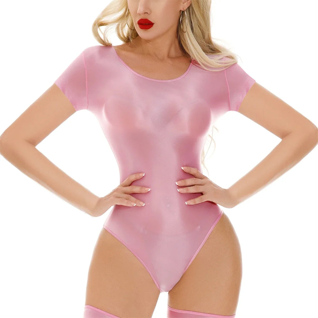 Women Sexy Bikini Leotard Solid Color Oil Shiny Smooth Bodysuits Short Sleeve Swimwear Rompers Transparent Yoga Fitness Catsuits