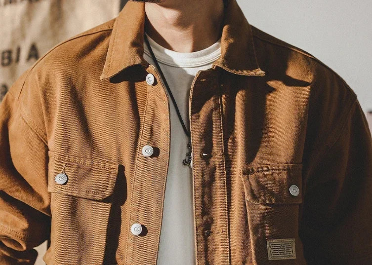 Men's Denim Jacket Vintage Brown Male Jean Coats Cargo Designer Washed Clothing Winter 2025 Korean Style Elatic Original Cowboy