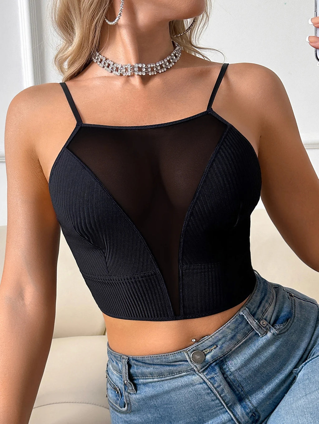 Women Sheer Mesh Cropped Camisole Top Ribbed Wireless Tank Top Thin Sexy Lingerie Bra