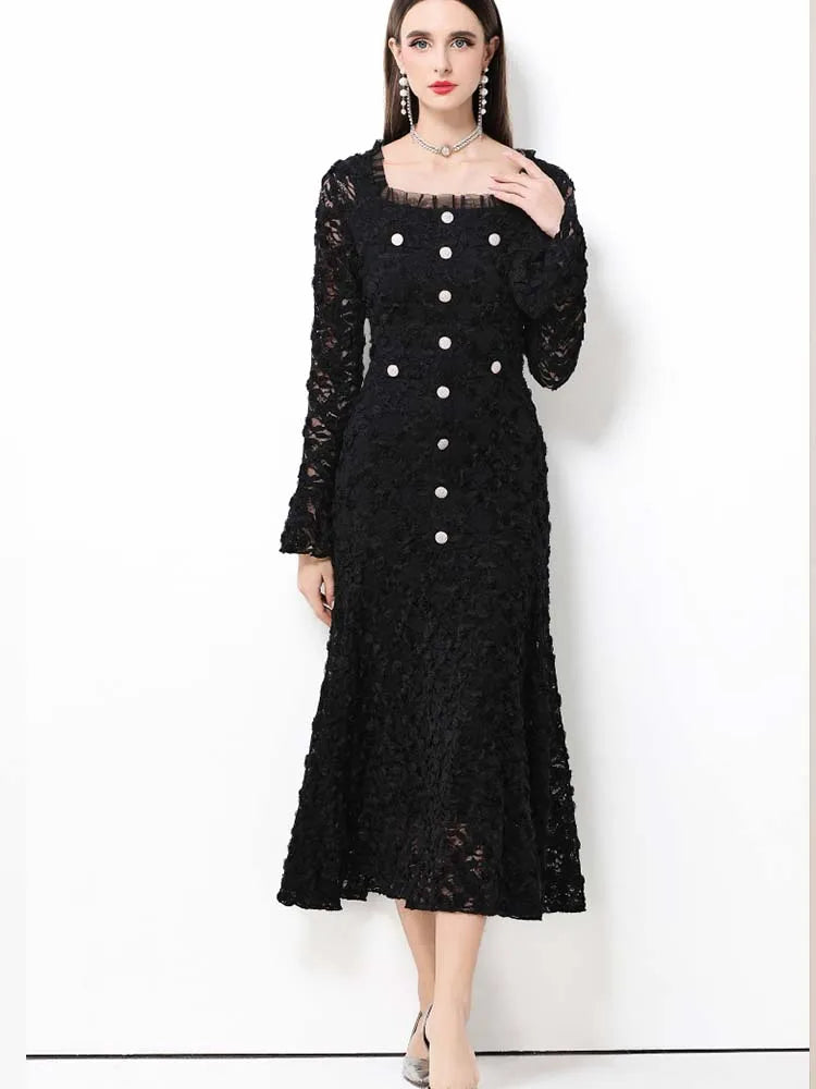 Elegant Square Neck Lace Three-Dimensional Flower Trumpet Sleeve Slim Fit Dress 2025 New Fashionable Autumn Women'S Clothing