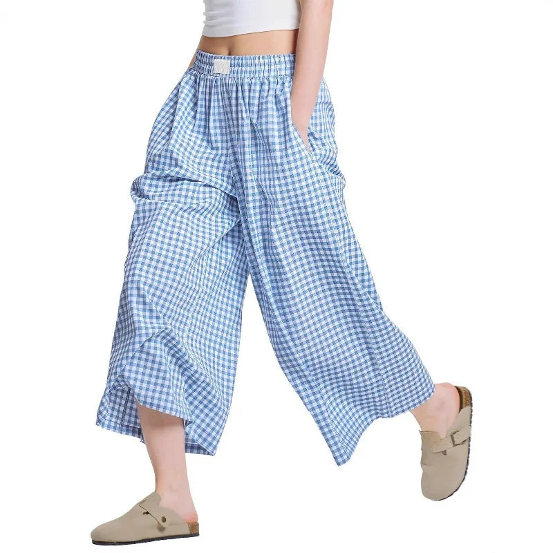 Women's Casual Plaid Wide Leg Pants Summer New Loose Slimming Lazy Long Trousers Comfortable Loose Fit High Waist Pants 2025