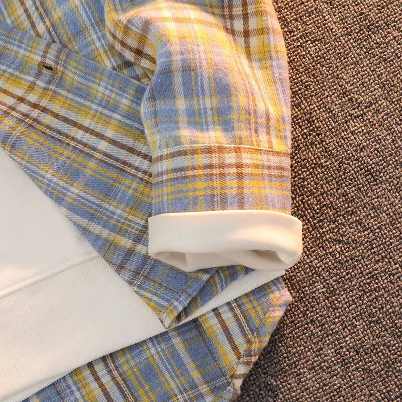 Retro Japanese Plaid Long Sve irt Men's Casual Loose Fit Spring Autumn Wear for Students And Couples Youth Faion