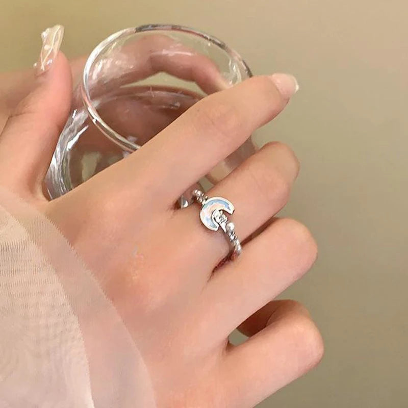 New Blue Planet Star Moon Rings for Women Zircon Rhinestone Pearl Open Finger Rings Sweet Party Y2K Jewelry 2000S Girls Gifts