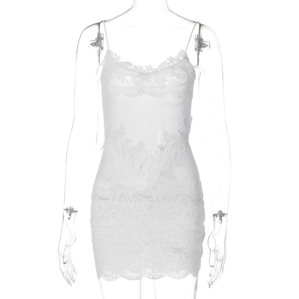 Woman Clothing Spaghetti Strap Mesh Lace Patchwork Party Club Dress Female Sexy See-through Sleeveless Short Evening Dresses