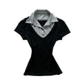 Summer Fashion Button Lapel Women Clothes Streak Print Aesthetics Gothic Hip Hop Y2k Short Sleeve T-shirt Slim Casual Streetwear