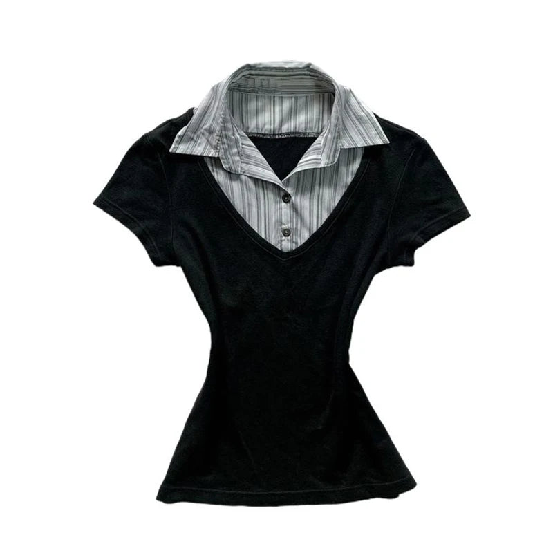 Summer Fashion Button Lapel Women Clothes Streak Print Aesthetics Gothic Hip Hop Y2k Short Sleeve T-shirt Slim Casual Streetwear