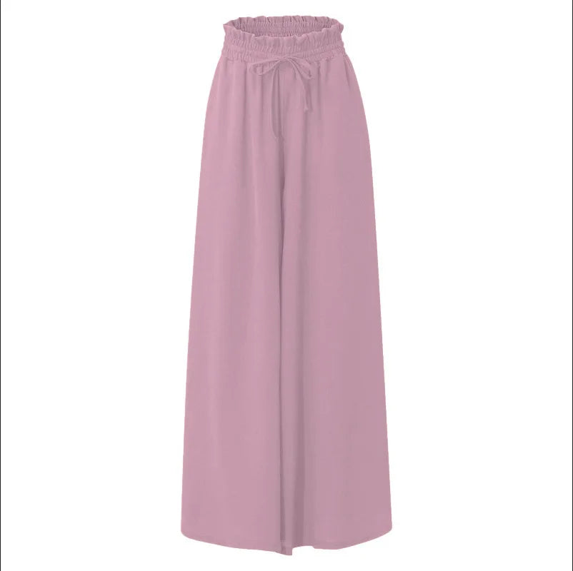 Summer Women Elastic High Waist Drawstring Solid Wide Leg Pants Loose Casual Flowy Pocket Trousers Female Daily Beach Long Pants