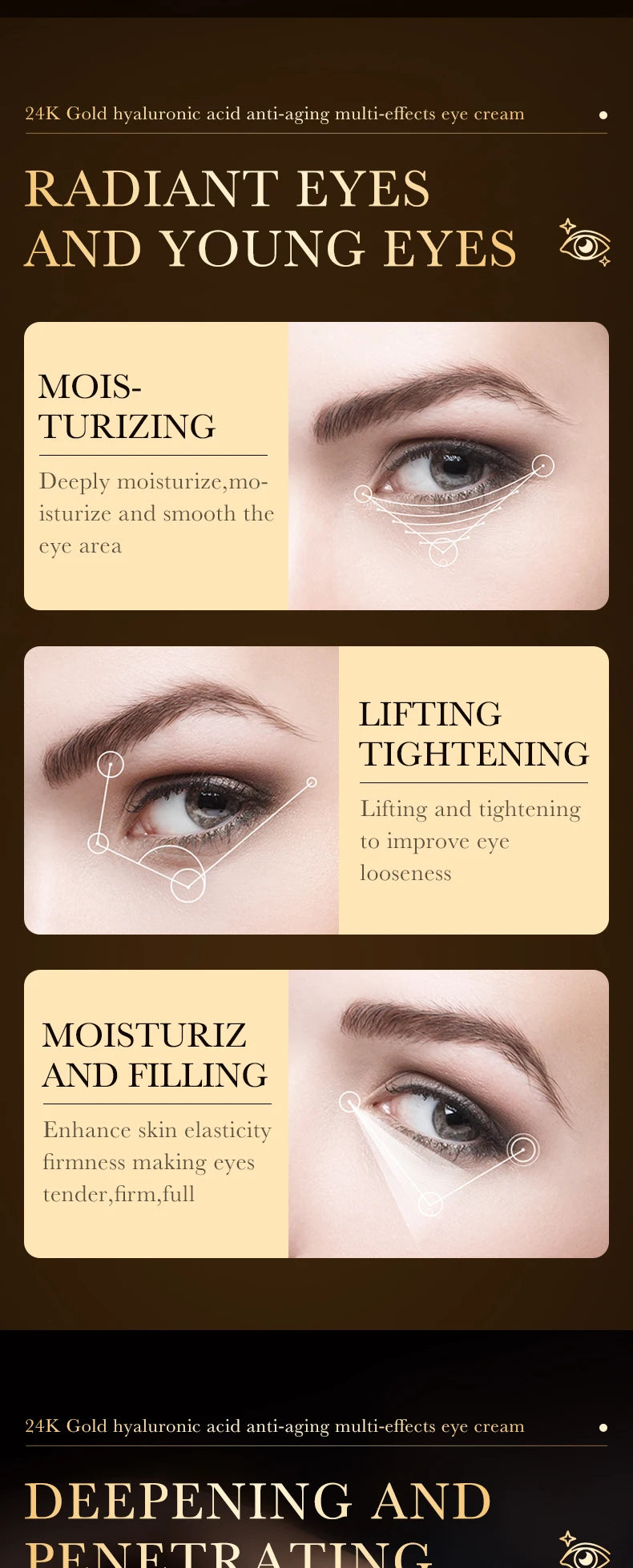 24K hyaluronic acid eye cream, nourishing, improving dark circles and eye wrinkles, anti-aging eye cream essence