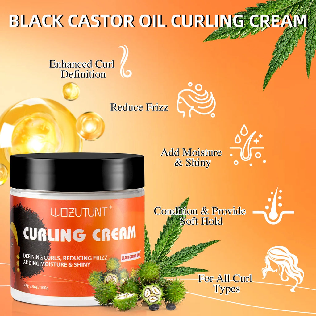 WOZUTUNT Curl Defining Cream 100g, Leave-in Styling Cream with Black Castor Oil,Frizz Control Hydrate for Bouncy Shiny Hairstyle