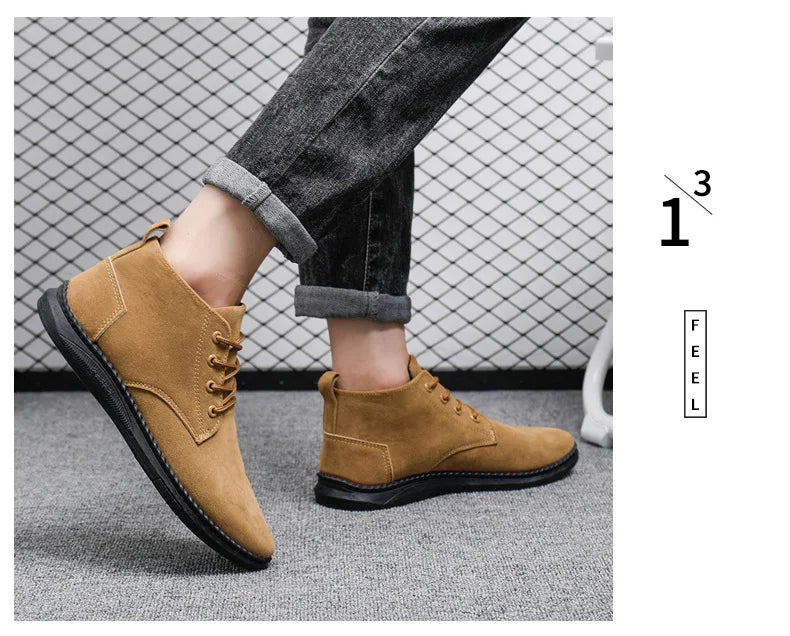 High Top Casual Grey Suede Shoes Men's Lace Up Black Flat Bottom Short Boots Men's Chelsea Boots High-quality Brand Denim Boots