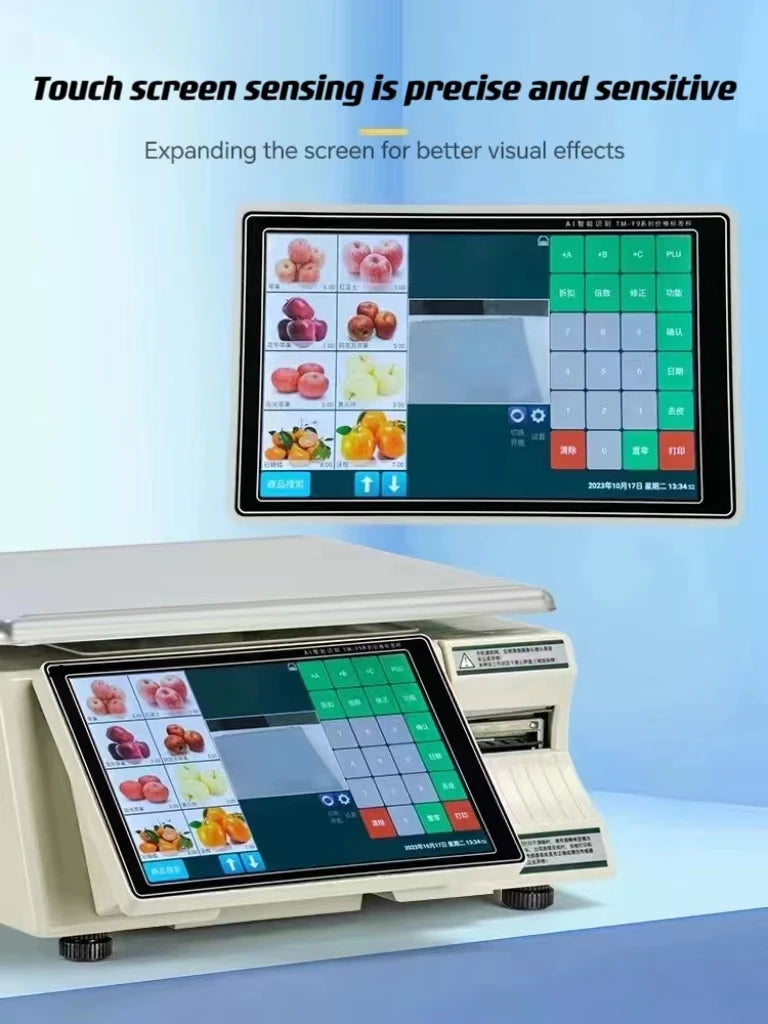 Dual Touch Screen Long Fly Label Scale Digital Weighing POS Terminal Android AI Identify Label Scale for Supermarket