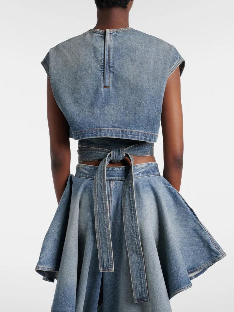 Women Jeans Two Piece Set Sexy Sleeveless Lace-up Top + Panelled Denim Jeans Suits Evening Cocktail Sets