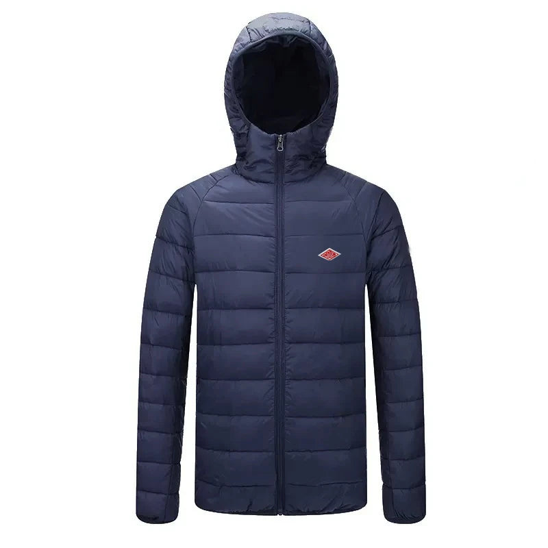 Winter Korean Style Men With Embroidery Logo Front Light Thin Hooded Down Long sleeves Zipper Turtleneck Jacket Warm Windproof