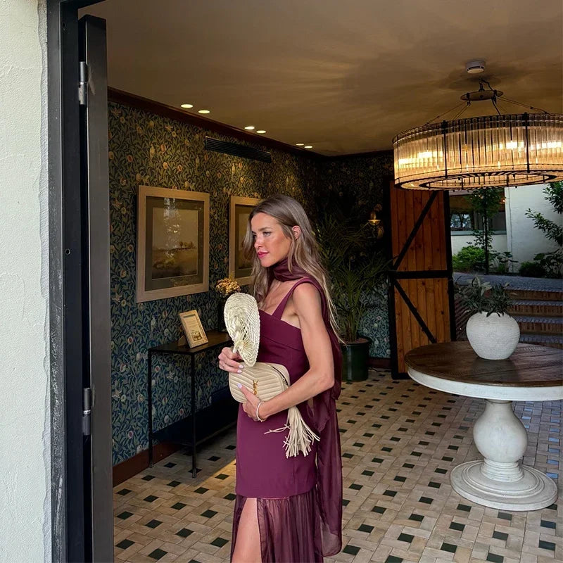 Boho Chic Elegant Mesh Patchwork Sling Dress Sexy Loose Sleeveless Split Scarf Long Dress Female 2026 New Party Evening Dresses