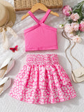 2024 new summer two-piece children's pink off shoulder top+floral skirt for leisure and entertainment clothing