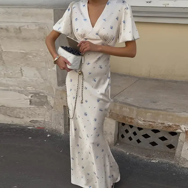 Elegant Print Women Long Dress Fashion V-neck Pleated Flutter Short Sleeve Empire Female Dresses 2026 Summer Chic Female Robe