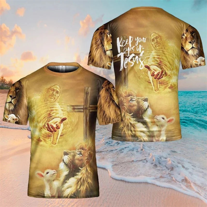 New 3D Print Jesus Lion Eagle Graphic T Shirt For Men Women Tees Trendy Unisex USA Flag T-shirts Casual Short Sleeve Kids Tops