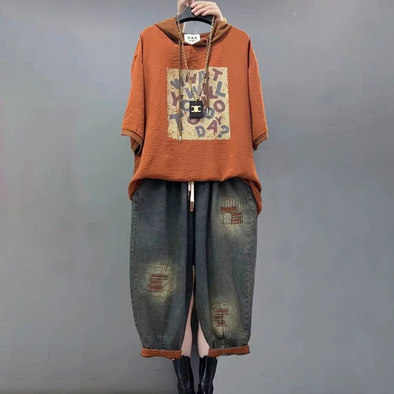 Jeans Set Women Denim Pants Two Piece Set 2025 New Loose Plus size Casual Suit Female Fashion Hooded Printed Jeans Sets