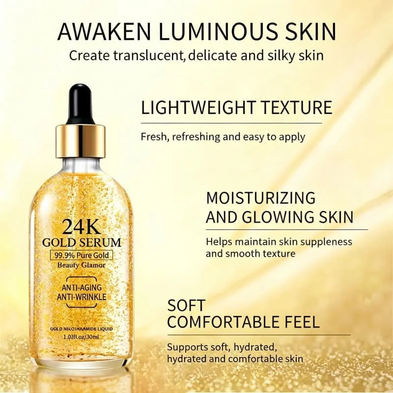 Face Serum Nicotinamide 30ml Hydrating Skin Care 24K Gold Smoothing Texture Daily Gentle Luminous Complexion Dewy Glow Nourish