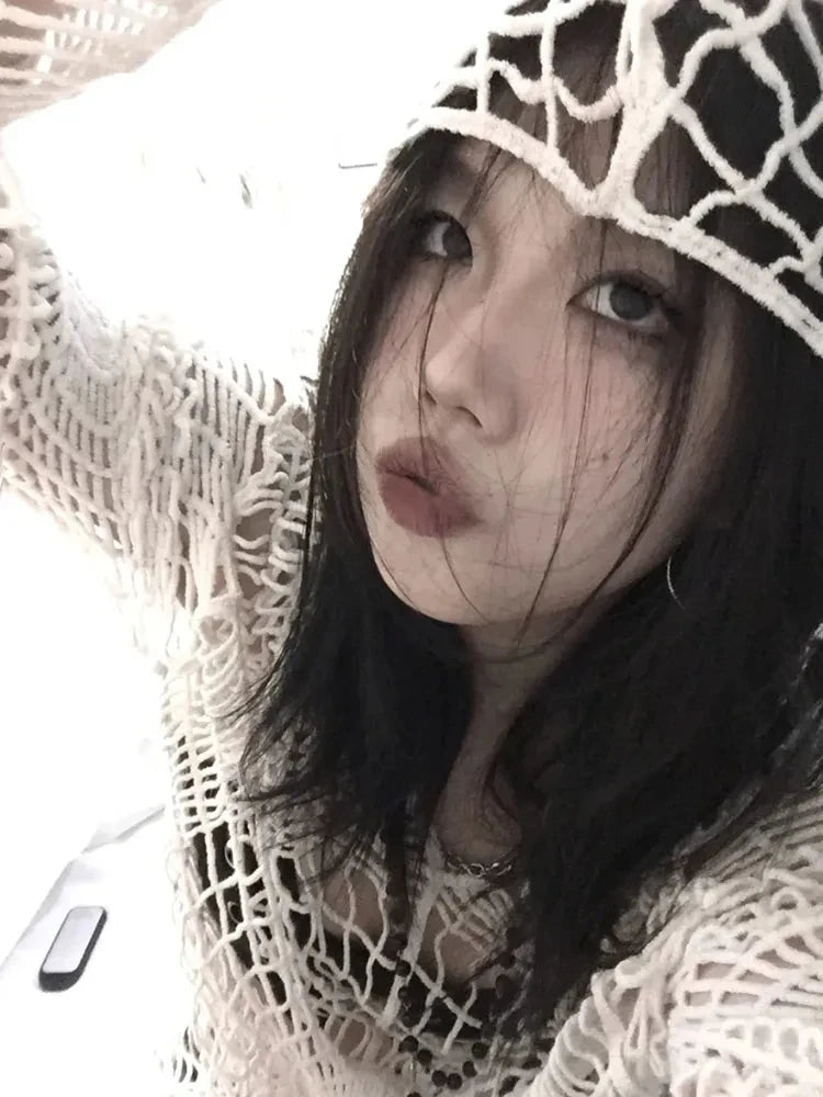 JOEVILU Hollow Knit Hooded Tops Women's Goth Spider Web Sweaters Female Korean Fashion Fishing Net Blouses Babes Mesh Pullovers