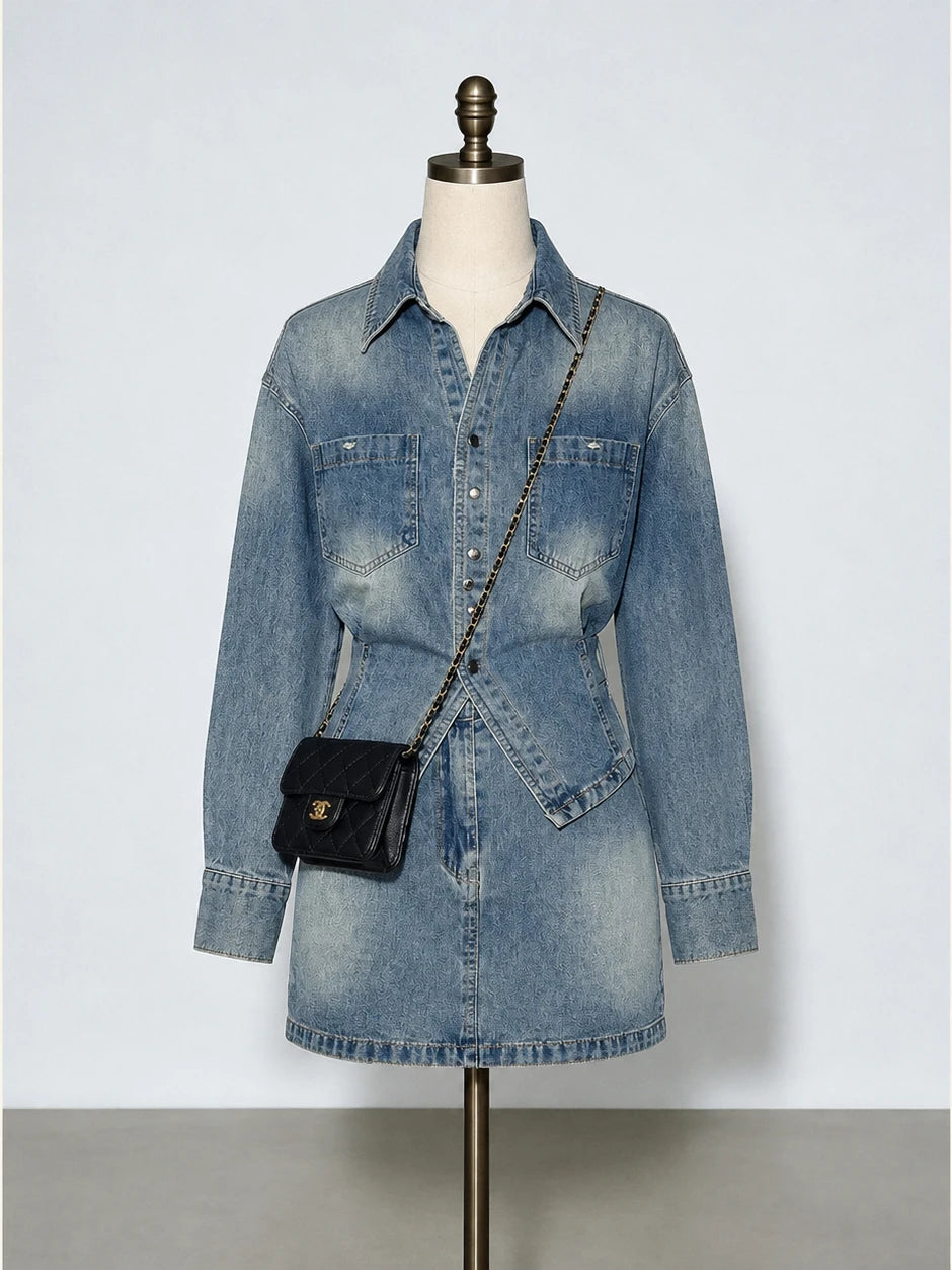 Retro Korean Style Women 2 Piece Denim Suits Y2K Denim Jacket + Mini Skirt Casual Street Outfits Fashion Jean Two‑Piece Sets