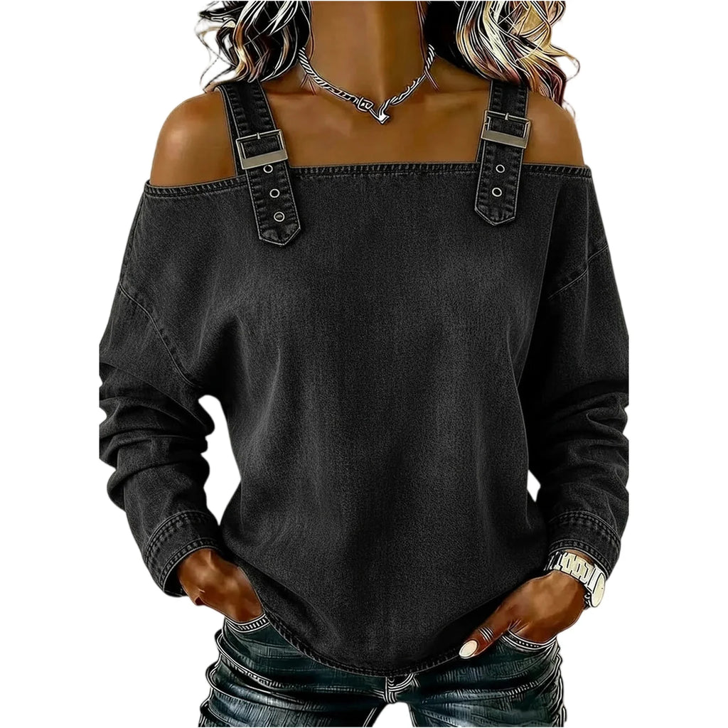 Women's Denim Top, Stylish Off-the-shoulder Long-sleeved Top with Shoulder Straps, Elegant and Versatile Denim Shirt, Streetwea