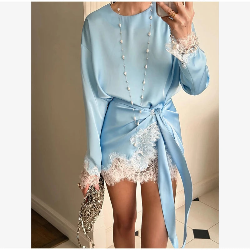 Satin Lace Patchwork Dress Women Long Sleeve O-neck Casual 2026 Spring Female Dresses Casual Solid Beach Robe Not Contain Pearls