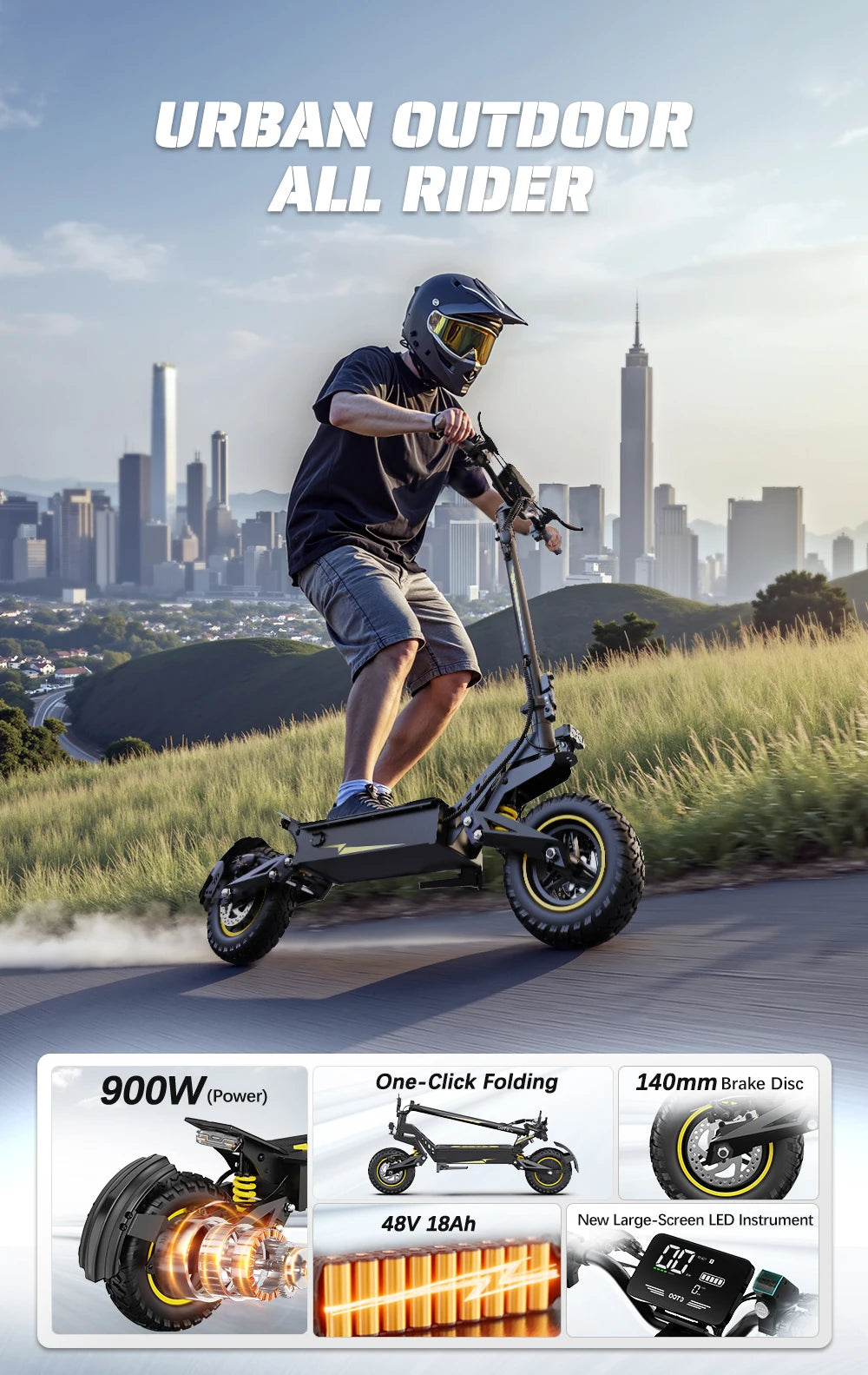 OOTD T10 Adult Foldable Electric Scooter(Yellow), Max 900W Motor & 18Ah Battery, 45-60km Range, 11 Inch All-Terrain
