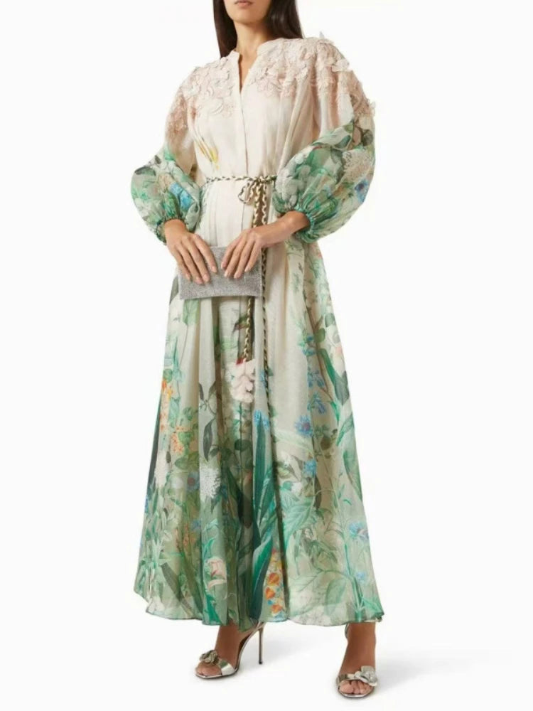 Elegant Maxi Dress for Women V Neck Lantern Sleeve High Waist Spliced Lace Up Colorblock Printed Single-breasted Dresses Female