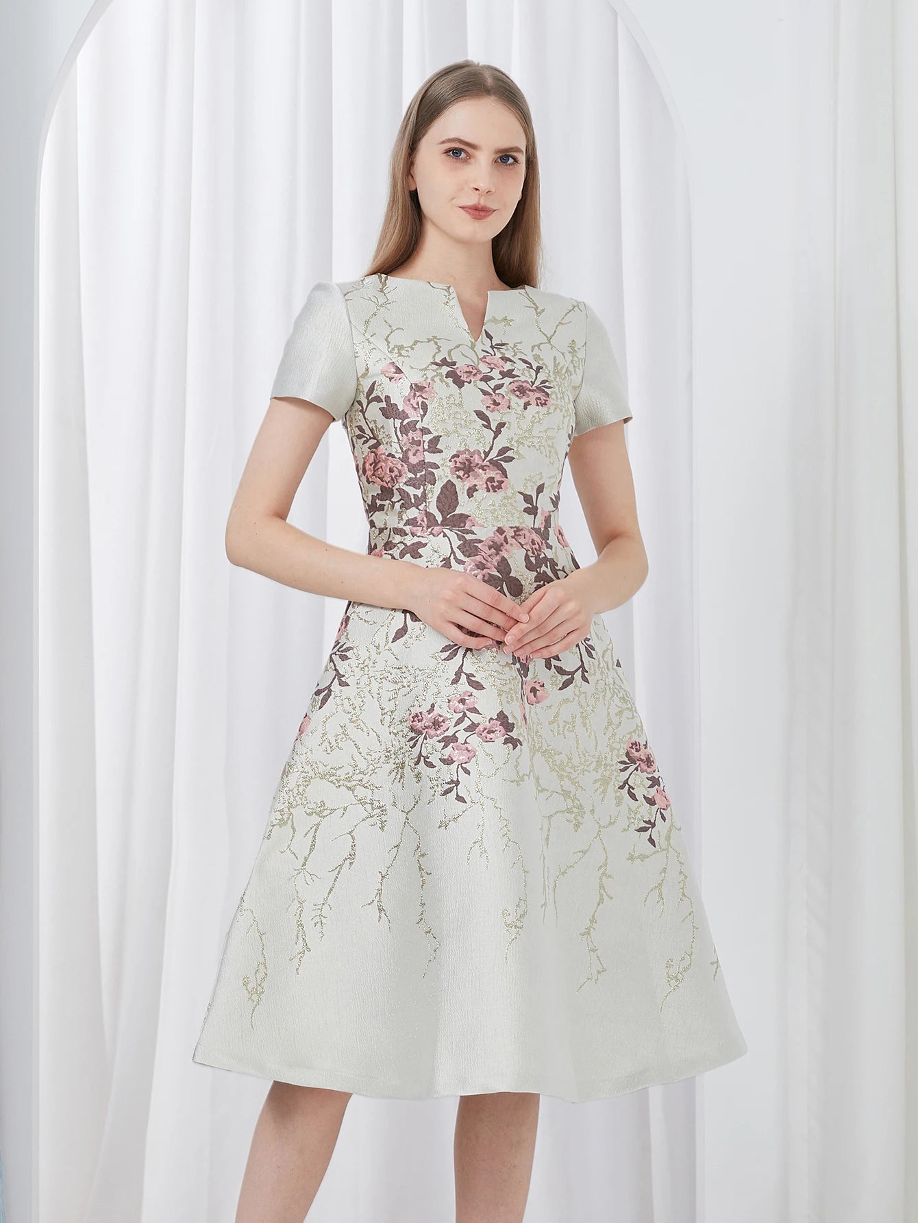 DEVCHATA Elegant Flower Jacquard Dress New Luxury Summer Boho Floral Fashion Party Clothing Mid-Calf Ball Gown Casual Vestidos