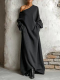 Skew Collar Loose Party Dress Women Spring Autumn Long Sleeve Solid Pocket Maxi Dress Casual Simple Ladies Dress Streetwear