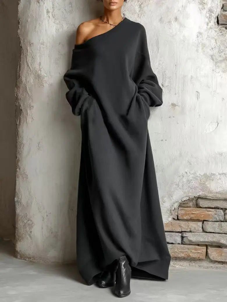 Skew Collar Loose Party Dress Women Spring Autumn Long Sleeve Solid Pocket Maxi Dress Casual Simple Ladies Dress Streetwear
