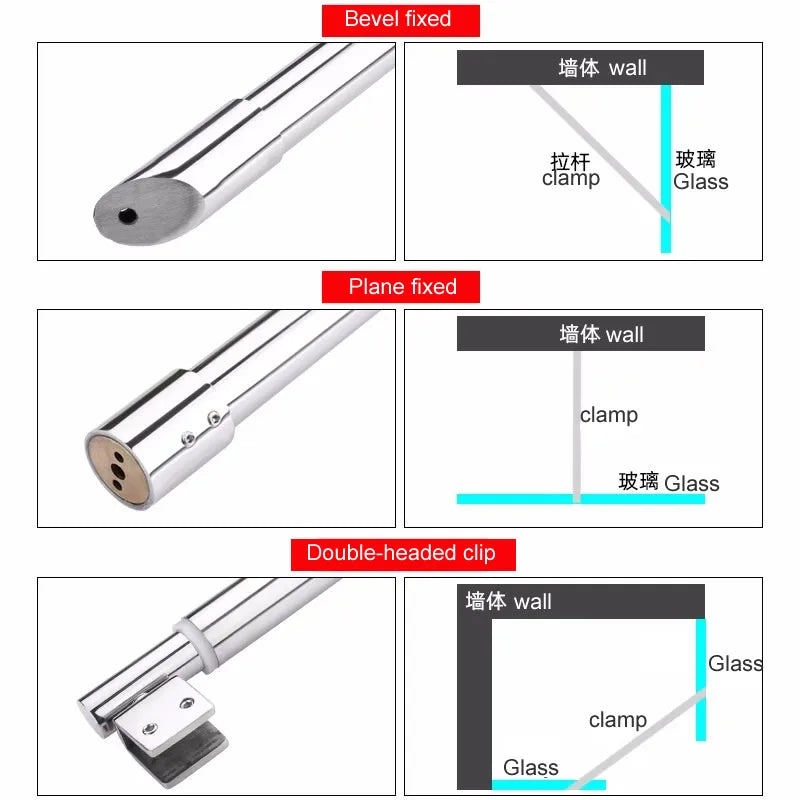 Stainless Steel Shower Glass Door Fixed Rod Clamp Bathroom Glass Support Bar Plane Fixed Adjustable Length Easy to Install