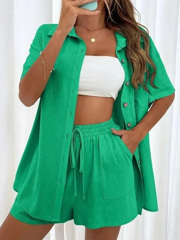 Solid Color Single Breasted Top Casual Loose Short Pants Sets Women Summer Women's 2 Pieces Suit Full Set Female Outfit Clothes