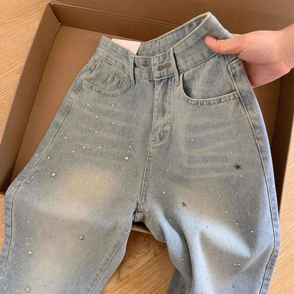 Women's 2025 Autumn New Light Blue Hot-Selling Rhinestone Straight Jeans High Waist Wash Jeans Loose Slimming Wide Leg Trousers