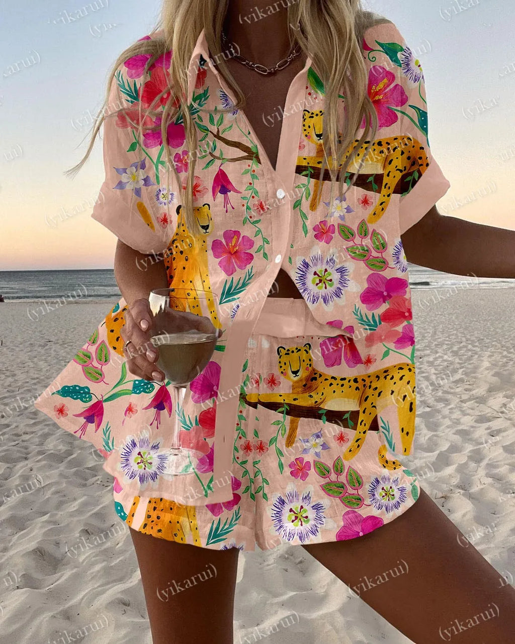 Summer Fashion Colorful Printed Blouse Shorts Two Pieces Sets Women Lapel Short Sleeve Button Shirt Suit Beach Holiday Outfits