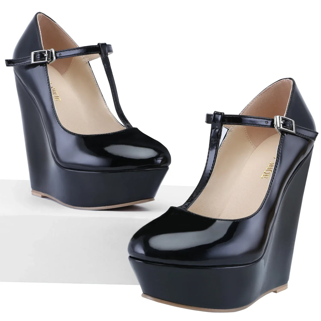Women Platform Wedge Heels Pumps Autumn Winter 14cm Round Toes T-Strap High Heeled Gladiator Ladies Dress Party Wedding Shoes