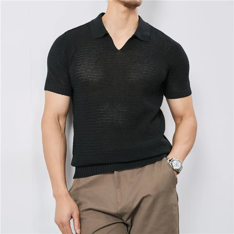 Summer Clothing Men Luxury Knitted Skinny Polo Shirt Men Korean Breathable V Neck Polo Shirts Short Sleeve Knitwear Tops Tees