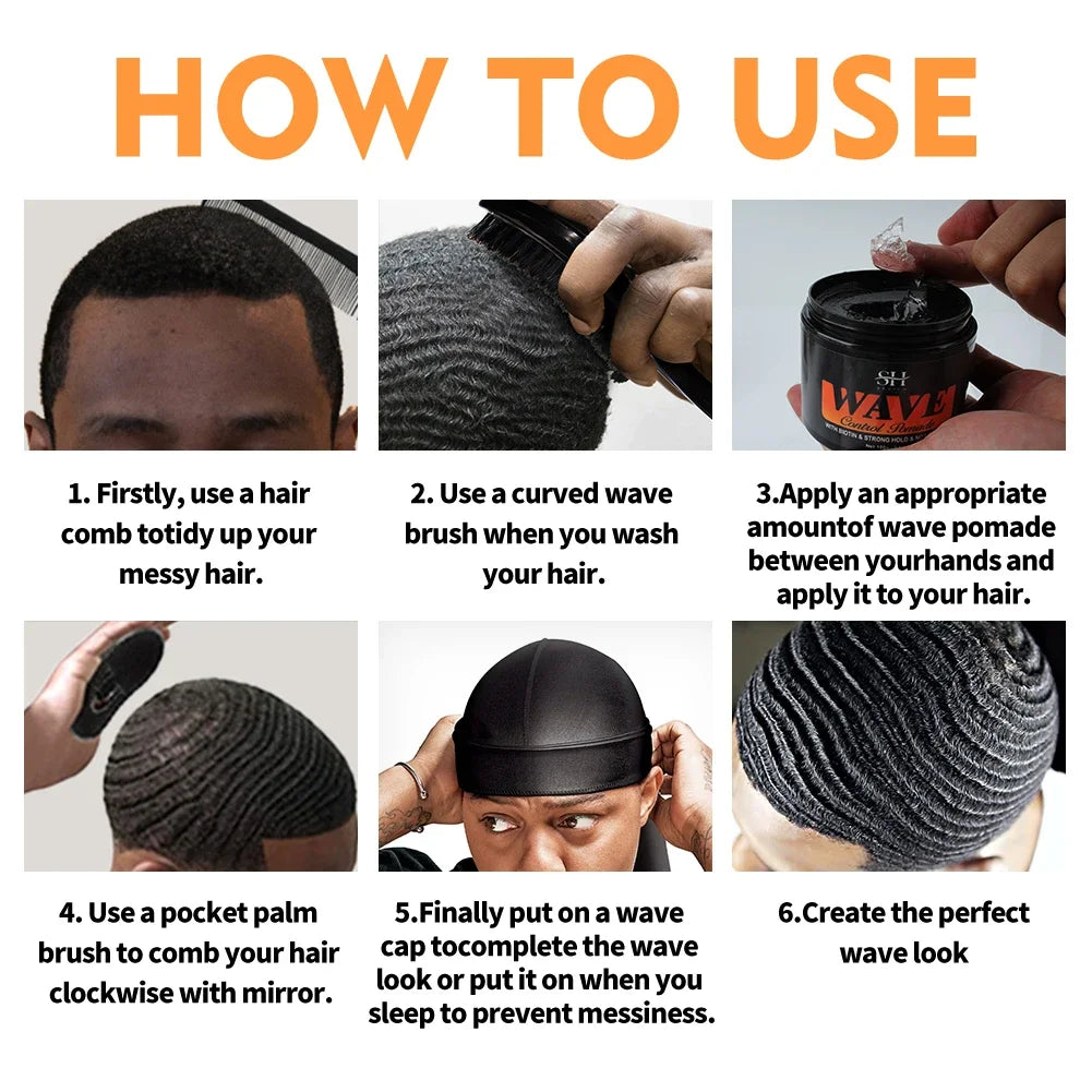 Biotin Wave Pomade For Deep Waves 360 Strong Hold Hair Styling Cream Wavy Hair Oil With Brush Waves Cream For African Black Men