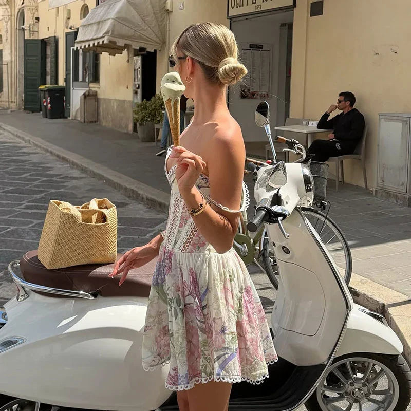 Women's Printed Dress V-neck Lace Hollow Out A-line Spaghetti Strap Pleated Lady Dresses 2026 Summer Chic Female Sexy Party Robe