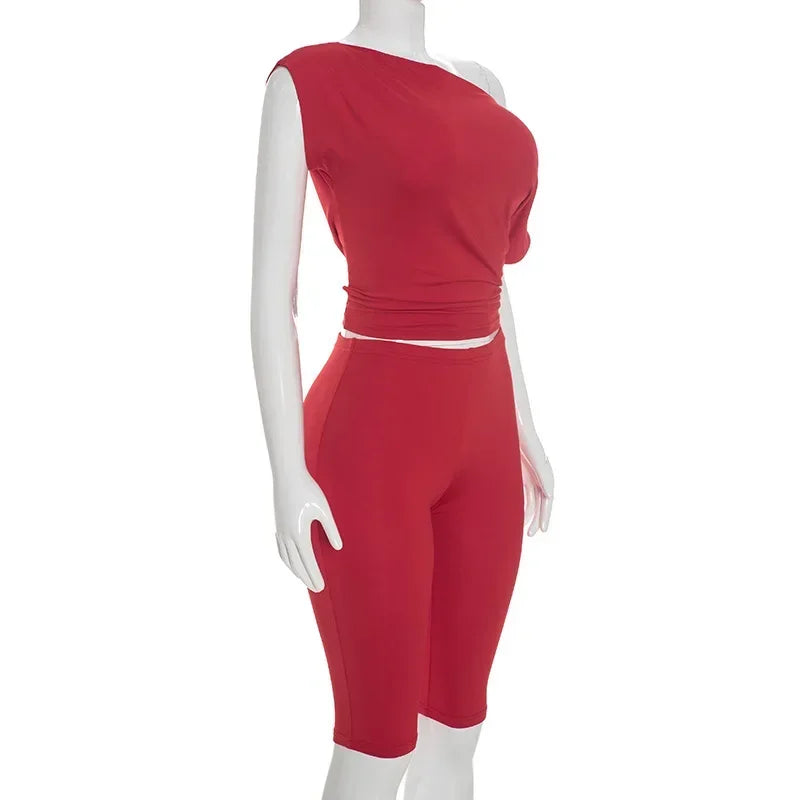 One Shoulder Solid 2 Piece Set Women Summer Short Sleeve Crop Top Shirt Pant Matching Sets Beach Vacation Outfit Streetwear Gift