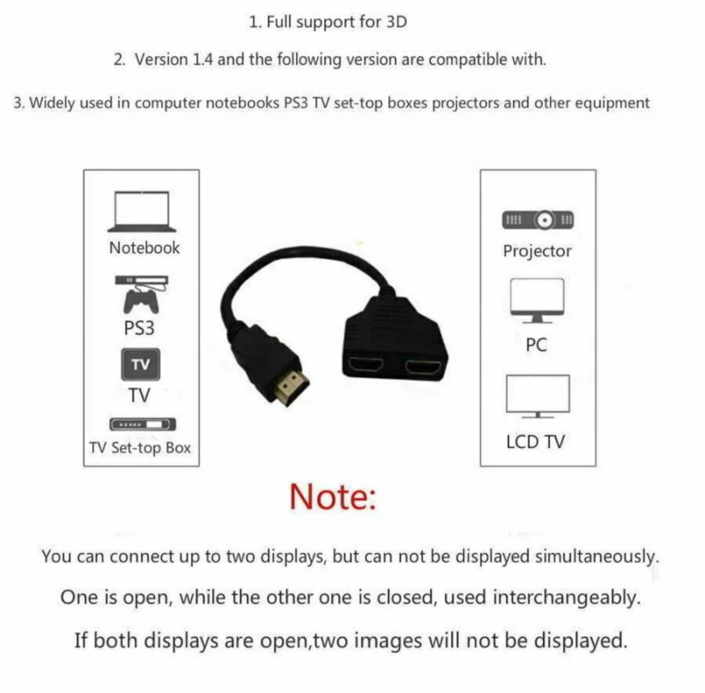 1 In 2 Out HDMI-compatible Splitter Cable 1 Male To 2 Female Adapter 1080P 4K 3D For Laptop HD TV Monitor PC Projector TV Use
