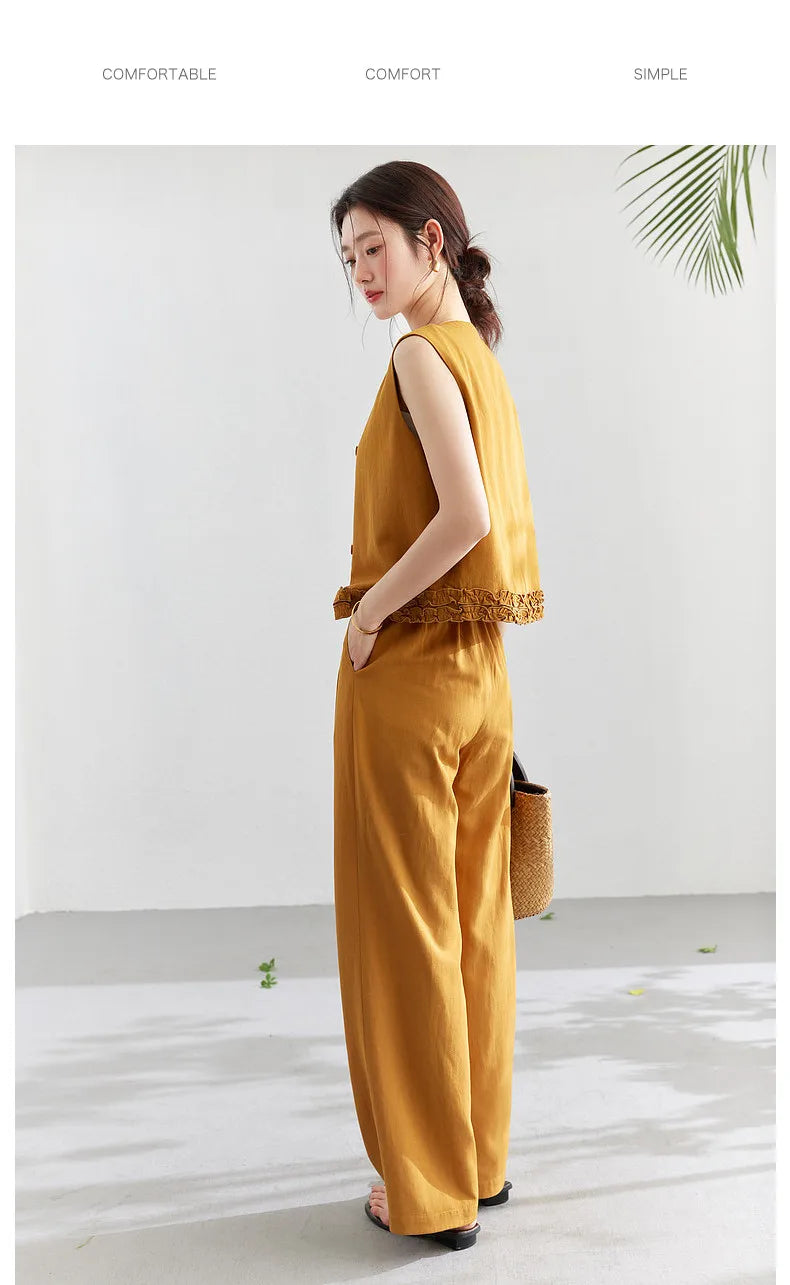 VIMLY Office Two-Piece Set Women 2026 Summer New Fashion Ruffle Hem Cropped Sleeveless Vest Wide Leg Pants Casual Outfit A6153