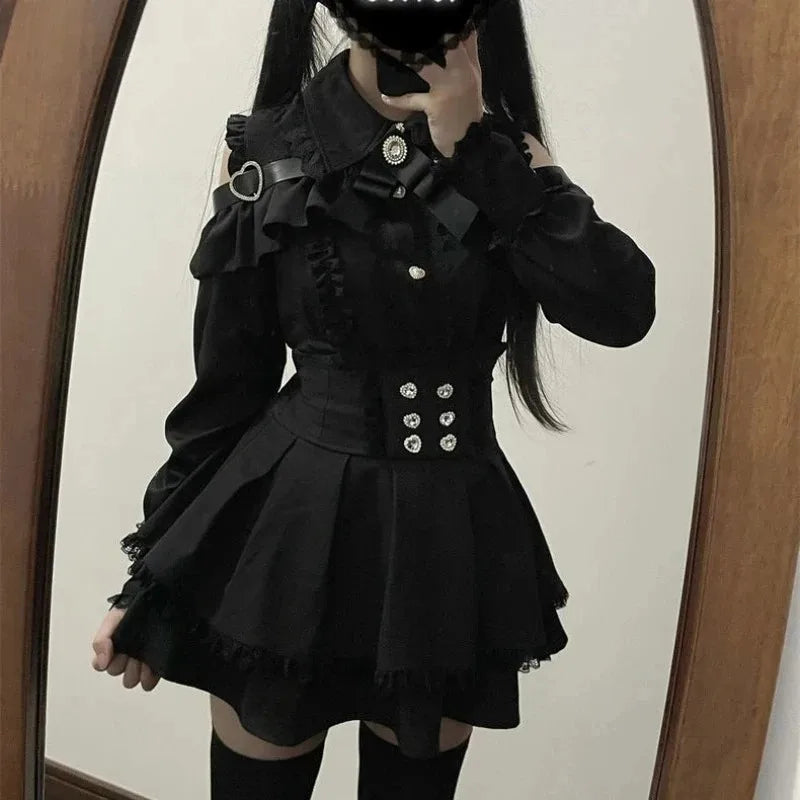 Japanese Style Lolita 2 Piece Set Y2k Mini Skirt Woman Harajuku Sweet Kawaii Print Dress Tops Korean Fashion Elegant Dress