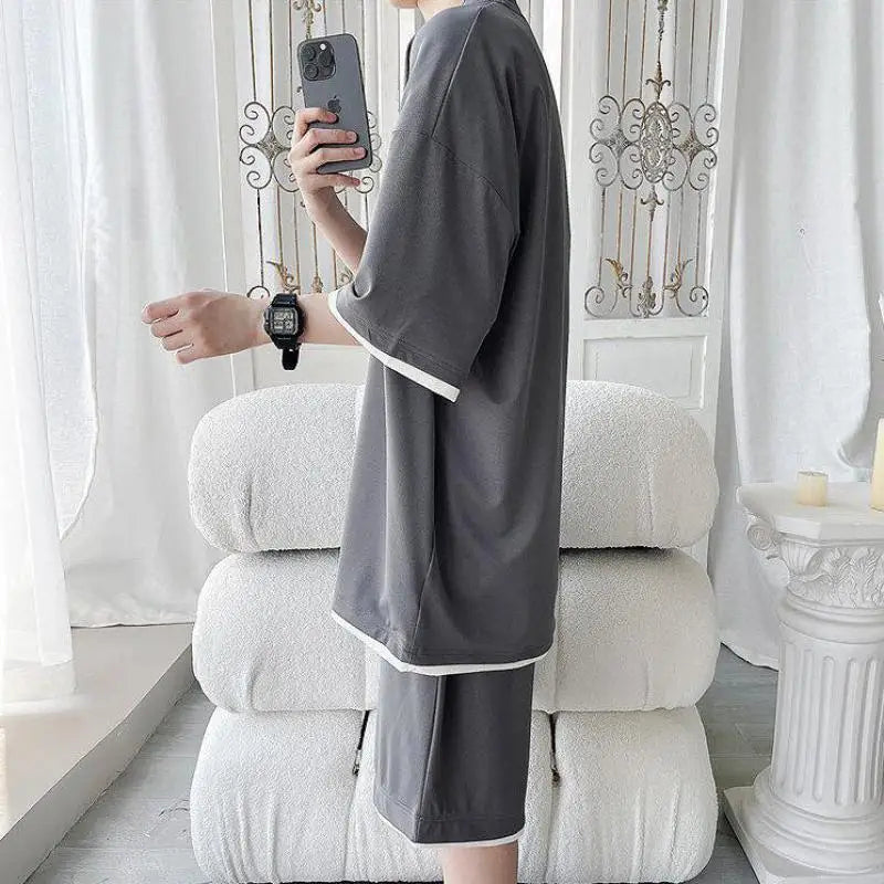 Men's Solid Color 2-Piece Outfit Short Sleeve T-Shirt & Drawstring Elastic Waist Shorts Set Casual Lounge & Streetwear Clothing