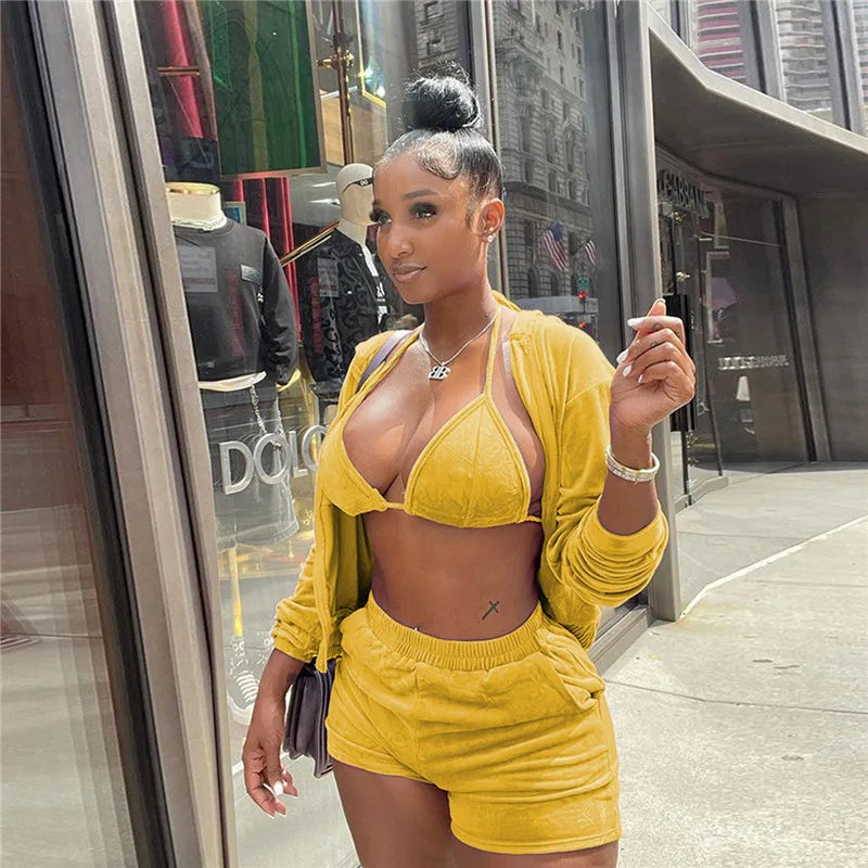 Velvet Tracksuit 3 Piece Set Women Fall Outfits Zipper Hoodies Jacket + Bra + Shorts Sets Sporty Matching Sets Jogging Femme