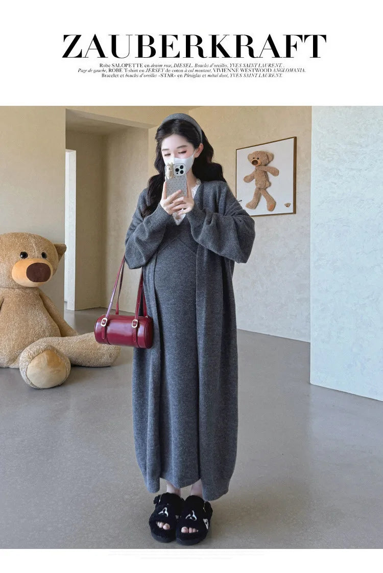 Maternity Suit  Autumn High-End Lazy Style Versatile Long Coat And Lace Paneled V Neck Straight Tank Dress Two Piece Set