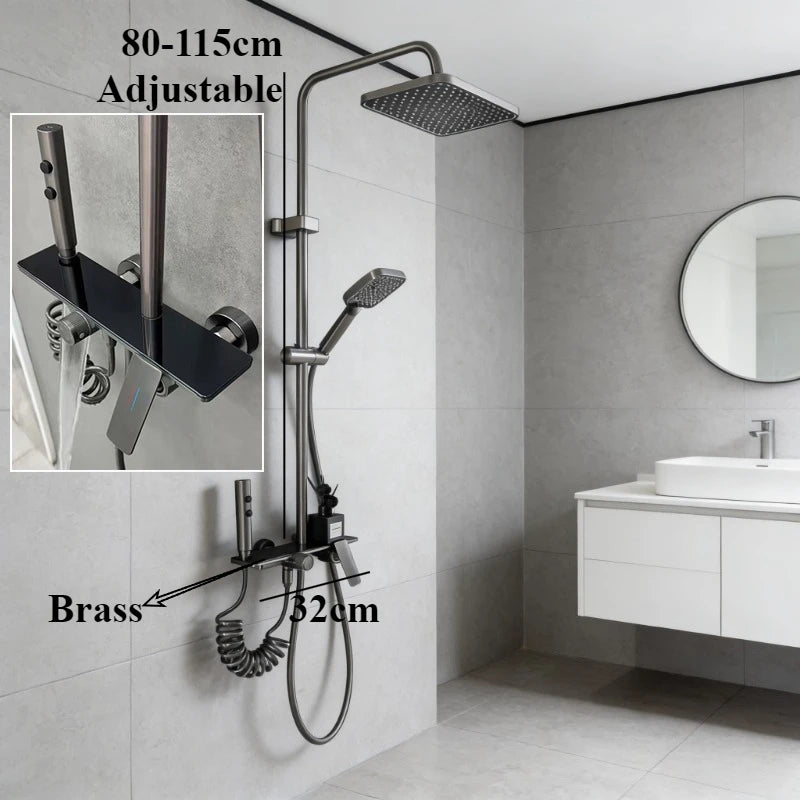 Four Ways Water Outlet Brass Bathroom Shower Set Hot Cold Bathroom Shower Faucet Full Set Grey/Chrome Rainlfall Shower System