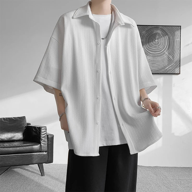 LEGIBLE Spring Summer Solid Shirts Men Casual Oversized Three Quarter Shirts Male Loose Fit Shirt for Man