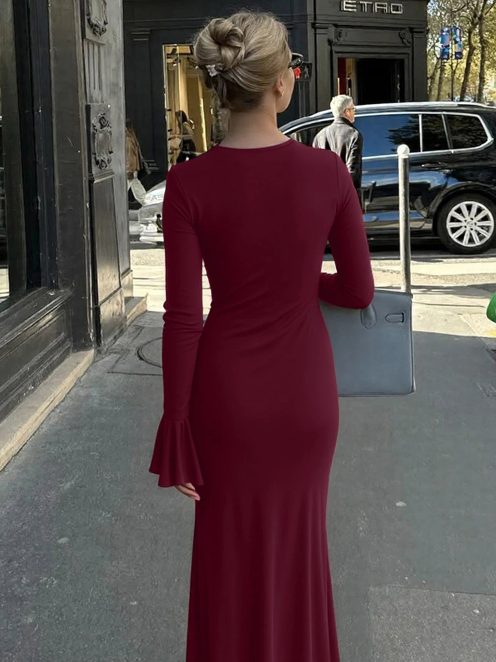 Dulzura O-Neck Long Flare Sleeve Ruched Lace Up Slim Long Dress Women'S Fashion Elegant Clothes Party Club Street Autumn Outfit